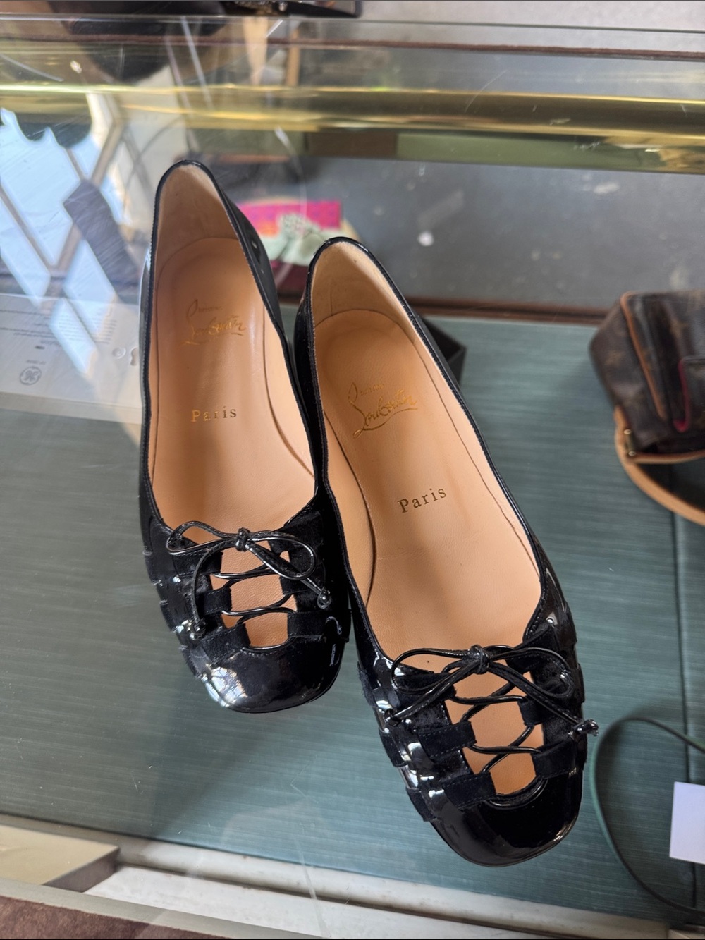Christian Louboutin Black Patent Leather Lace-Up Ballet Flats